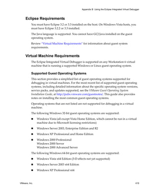 Appendix B Using the Eclipse Integrated Virtual Debugger



     Eclipse Requirements
          You must have Eclipse 3.2 or 3.3 installed on the host. On Windows Vista hosts, you 
          must have Eclipse 3.2.2 or 3.3 installed. 

          The Java language is supported. You cannot have GCJ Java installed on the guest 
          operating system. 

          Review “Virtual Machine Requirements” for information about guest system 
          requirements.


     Virtual Machine Requirements
          The Eclipse Integrated Virtual Debugger is supported on any Workstation 6 virtual 
          machine that is running a supported Windows or Linux guest operating system.

          Supported Guest Operating Systems
          This section provides a simplified list of guest operating systems supported for 
          debugging in virtual machines. For the most recent list of supported guest operating 
          systems, including detailed information about the specific operating system versions, 
          service packs, and updates supported, see the VMware Guest Operating System 
          Installation Guide, at http://pubs.vmware.com/guestnotes/. This guide also provides 
          notes on installing the most common guest operating systems.

          Operating systems that are not listed are not supported for debugging in a virtual 
          machine. 

          The following Windows 32‐bit guest operating systems are supported:

               Windows Vista (all except Vista Home Edition, which cannot be run in a virtual 
               machine due to Microsoft licensing restrictions)

               Windows Server 2003, Enterprise Edition and R2

               Windows XP Professional and Home Edition

               Windows 2000 Professional 
               Windows 2000 Server 
               Windows 2000 Advanced Server
          The following Windows 64‐bit guest operating systems are supported:

               Windows Vista x64 Edition (3‐D effects not yet supported)

               Windows Server 2003 x64 Edition 

               Windows XP Professional x64 



VMware, Inc.                                                                                          419
 