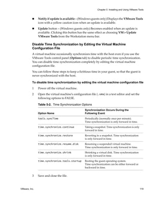 VMware, Inc. 119
Chapter 5 Installing and Using VMware Tools
 Notify if update is available – (Windows guests only) Displays the VMware Tools 
icon with a yellow caution icon when an update is available.
 Update button – (Windows guests only) Becomes enabled when an update is 
available. Clicking this button has the same effect as choosing VM > Update 
VMware Tools from the Workstation menu bar.
Disable Time Synchronization by Editing the Virtual Machine
Configuration File
A virtual machine occasionally synchronizes time with the host even if you use the 
VMware Tools control panel (Options tab) to disable periodic time synchronization. 
You can disable time synchronization completely by editing the virtual machine 
configuration file.
You can follow these steps to keep a fictitious time in your guest, so that the guest is 
never synchronized with the host.
To disable time synchronization by editing the virtual machine configuration file
1 Power off the virtual machine. 
2 Open the virtual machine’s configuration file (.vmx) in a text editor and set the 
following options to FALSE.
3 Save and close the file.
Table 5-2. Time Synchronization Options
Option Name
Synchronization Occurs During the
Following Event
tools.syncTime Periodically (normally once per minute). 
Time synchronization is only forward in time.
time.synchronize.continue Taking a snapshot. Time synchronization is only 
forward in time.
time.synchronize.restore Reverting to a snapshot. Time synchronization 
is only forward in time.
time.synchronize.resume.disk Resuming a suspended virtual machine. 
Time synchronization is only forward in time.
time.synchronize.shrink Shrinking a virtual disk. Time synchronization 
is only forward in time.
time.synchronize.tools.startup Booting the guest operating system. 
Time synchronization can be either forward or 
backward in time. 
 