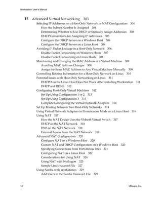 Workstation User’s Manual
12 VMware, Inc.
15 Advanced Virtual Networking 303
Selecting IP Addresses on a Host‐Only Network or NAT Configuration 304
How the Subnet Number Is Assigned 304
Determining Whether to Use DHCP or Statically Assign Addresses 305
DHCP Conventions for Assigning IP Addresses 305
Configure the DHCP Server on a Windows Host 306
Configure the DHCP Server on a Linux Host 306
Avoiding IP Packet Leakage in a Host‐Only Network 306
Disable Packet Forwarding on Windows Hosts 307
Disable Packet Forwarding on Linux Hosts 308
Maintaining and Changing the MAC Address of a Virtual Machine 308
Avoiding MAC Address Changes 308
Assign the Same MAC Address to Any Virtual Machine Manually 309
Controlling Routing Information for a Host‐Only Network on Linux 310
Potential Issues with Host‐Only Networking on Linux 311
DHCPD on the Linux Host Does Not Work After Installing Workstation 311
DHCP and DDNS 312
Configuring Host‐Only Virtual Machines 312
Set Up Using Configuration 1 or 2 313
Set Up Using Configuration 3 313
Complete Configuring the Virtual Network Adapters 314
Set Up Routing Between Two Host‐Only Networks 314
Using Virtual Network Adapters in Promiscuous Mode on a Linux Host 316
Using NAT 317
How the NAT Device Uses the VMnet8 Virtual Switch 317
DHCP on the NAT Network 318
DNS on the NAT Network 318
External Access from the NAT Network 319
Advanced NAT Configuration 320
Configure NAT on a Windows Host 320
Custom NAT and DHCP Configuration on a Windows Host 320
Specifying Connections from Ports Below 1024 321
Configuring NAT on a Linux Host 322
Considerations for Using NAT 324
Using NAT with NetLogon 325
Sample Linux nat.conf File 327
Using Samba with Workstation 329
Add Users to the Samba Password File 329
 
