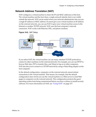 VMware, Inc. 289
Chapter 14 Configuring a Virtual Network
Network Address Translation (NAT)
NAT configures a virtual machine to share the IP and MAC addresses of the host. 
The virtual machine and the host share a single network identity that is not visible 
outside the network. NAT can be useful when your network administrator lets you use 
a single IP address or MAC address. If cannot give your virtual machine an IP address 
on the external network, you can use NAT to give your virtual machine access to the 
Internet or another TCP/IP network. NAT uses the host computer’s network 
connection. NAT works with Ethernet, DSL, and phone modems. 
Figure 14-2. NAT Setup
If you select NAT, the virtual machine can use many standard TCP/IP protocols to 
connect to other machines on the external network. For example, you can use HTTP to 
browse Web sites, FTP to transfer files, and Telnet to log on to other computers. 
NAT also lets you to connect to a TCP/IP network by using a Token Ring adapter on the 
host computer. 
In the default configuration, computers on the external network cannot initiate 
connections to the virtual machine. That means, for example, that the default 
configuration does not let you use the virtual machine as a Web server to send Web 
pages to computers on the external network. This configuration protects the guest 
operating system from being compromised before you have a chance to install security 
software. For more information on NAT, see “Using NAT” on page 317.
network
virtual
network
adapter
virtual network switch
(VMnet8)virtual machine
DHCP server
NAT
device
 