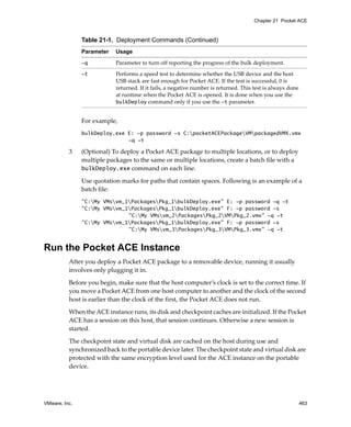 VMware, Inc. 463
Chapter 21 Pocket ACE
For example, 
bulkDeploy.exe E: -p password -s C:pocketACEPackageVMpackagedVMX.vmx
-q -t
3 (Optional) To deploy a Pocket ACE package to multiple locations, or to deploy 
multiple packages to the same or multiple locations, create a batch file with a 
bulkDeploy.exe command on each line.
Use quotation marks for paths that contain spaces. Following is an example of a 
batch file:
"C:My VMsvm_1PackagesPkg_1bulkDeploy.exe" E: -p password -q -t
"C:My VMsvm_1PackagesPkg_1bulkDeploy.exe" F: -p password -s
"C:My VMsvm_2PackagesPkg_2VMPkg_2.vmx" -q -t
"C:My VMsvm_1PackagesPkg_1bulkDeploy.exe" F: -p password -s
"C:My VMsvm_3PackagesPkg_3VMPkg_3.vmx" -q -t
Run the Pocket ACE Instance
After you deploy a Pocket ACE package to a removable device, running it usually 
involves only plugging it in.
Before you begin, make sure that the host computer’s clock is set to the correct time. If 
you move a Pocket ACE from one host computer to another and the clock of the second 
host is earlier than the clock of the first, the Pocket ACE does not run.
When the ACE instance runs, its disk and checkpoint caches are initialized. If the Pocket 
ACE has a session on this host, that session continues. Otherwise a new session is 
started. 
The checkpoint state and virtual disk are cached on the host during use and 
synchronized back to the portable device later. The checkpoint state and virtual disk are 
protected with the same encryption level used for the ACE instance on the portable 
device.
-q Parameter to turn off reporting the progress of the bulk deployment.
-t Performs a speed test to determine whether the USB device and the host 
USB stack are fast enough for Pocket ACE. If the test is successful, 0 is 
returned. If it fails, a negative number is returned. This test is always done 
at runtime when the Pocket ACE is opened. It is done when you use the 
bulkDeploy command only if you use the -t parameter.
Table 21-1. Deployment Commands (Continued)
Parameter Usage
 