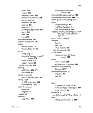 VMware, Inc. 509
Index
parent 205
policies 418
power-off options 213
preserving AutoProtect 215
process tree 204
renaming 208, 211
restoring 211
reverting to 211
reverting to at power off 212
taking 209
team 283
using 203
snapshot manager 208
software components 101
Solaris
resizing guests 170
VMware Tools for 109
sound
configuring 174
drivers for Windows 9x and NT
guests 175
Sound Blaster 175
support in guest 28
.spf file, importing 133
starting
ACE Player 474, 475
Workstation 47
startup commands
used by VMware Tools 128
startup scripts
for ACE kiosk mode 476
using VMware Tools 127
static IP addresses
clone 222
range of 318
.std file 93
stopping
ACE Player 479
recording virtual machine
activity 264
StorageCraft images, importing 133
streaming virtual machines 148, 229
stretch guest display setting 163
subnet
changing settings 300
in NAT configuration 304
on host-only network 304
substring matching, for configuring which
physical network adapter to
use 410
support scripts, running 71
suspend
files 93
team 279
virtual machine 201
.sv2i file, importing 133
SVGA drivers
installing, in older Windows
guests 103
switch
virtual network 285
workspaces in Linux guest 340
symmetric multiprocessing
See virtual SMP
system requirements 23
for guests 29
host 23
T
tabs
in Preferences dialog box 61
in VMware Tools control panel 117
virtual machine 48
tape drive 361
.tar file for installing VMware Tools 107
team
adding virtual machine to 277
 