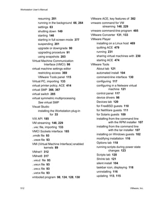 Workstation User’s Manual
512 VMware, Inc.
resuming 201
running in the background 66, 264
settings 63
shutting down 149
starting 146
starting in full screen mode 377
suspending 201
upgrade or downgrade 90
upgrading procedure 91
using snapshots 203
Virtual Machine Communication
Interface (VMCI) 98
virtual machine settings editor
restricting access 369
VMware Tools panel 115
Virtual PC, importing 133
virtual printer policy, ACE 414
virtual SMP 366, 367
virtual switch 285
virtual symmetric multiprocessing
See virtual SMP
Visual Studio
installing the Workstation plug-in
for 33
VIX API 185
VM streaming 148, 229
.vmc file, importing 133
VMCI Sockets interface 185
.vmdk file 93
.vmem file 93
VMI (Virtual Machine Interface) enabled
kernels 89
VMnet1 312
VMnet8 317
.vmsd file 93
.vmsn file 93
.vmss file 93
.vmtm file 93
vmtoolsd program 98, 124, 128, 130
VMware ACE, key features of 382
vmware command for VM
streaming 148, 229
vmware command-line program 485
VMware Converter 131, 133
VMware Player
installing on a Linux host 469
quitting ACE 479
running 231
sharing virtual machines with 230
starting ACE 474
VMware Tools
About tab 121
automated install 104
command-line interface 130
configuring 117
configuring in a Netware virtual
machine 121
control panel 117
device drivers 98
Devices tab 120
for FreeBSD guests 110
for NetWare guests 111
for Solaris guests 109
installing from the command line
with the RPM installer 107
installing from the command line
with the tar installer 107
installing on Windows guests 102
modifying installation 116
Options tab 118
running scripts during power state
changes 123
Scripts tab 120
Shrink tab 121
silent install 104
taskbar icon, displaying 118
uninstalling 116
updating 113, 115
 