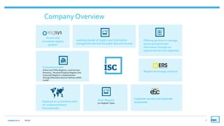 company.isc.ca TSX:ISV 5
Company Overview
Leading provider of registry and information
management services for public data...