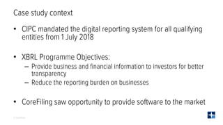 © CoreFiling
Case study context
• CIPC mandated the digital reporting system for all qualifying
entities from 1 July 2018
...