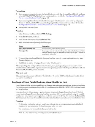 Prerequisites
n If you are using a Linux host system that has a 2.6.x kernel, verify that the parallel port PC-style hardware
option (CONFIG_PARPORT_PC) is built and loaded as a kernel module. See “Configure a Virtual Parallel
Port on a Linux 2.6.x Kernel Host,” on page 121.
n If you are using a Linux host system that does not grant virtual machines access to the lp and parport
devices by default, add the VMware user to the group that has permission to access those devices. See
“Configure Permissions for a Parallel Port Device on a Linux Host,” on page 122.
n Power off the virtual machine.
Procedure
1 Select the virtual machine and select VM > Settings.
2 On the Hardware tab, click Add.
3 In the New Hardware wizard, select Parallel Port.
4 Select where the virtual parallel port sends output.
Option Description
Use a physical parallel port Select a parallel port on the host system.
Use output file Send output from the virtual parallel port to a file on the host system. Either
locate an existing output file or browse to a directory and type a filename to
create a new output file.
5 To connect the virtual parallel port to the virtual machine when the virtual machine powers on, select
Connect at power on.
6 Click Finish to add the virtual parallel port to the virtual machine.
When a parallel port is configured for a virtual machine, most guest operating systems detect the port at
installation time and install the required drivers. Some operating systems, including Linux, Windows NT, and
Windows 2000, detect the ports at boot time.
What to do next
If the guest operating system is Windows 95 or Windows 98, run the Add New Hardware wizard to detect
and add the parallel port.
Configure a Virtual Parallel Port on a Linux 2.6.x Kernel Host
Linux 2.6.x kernels that support parallel ports use the modprobe modulename and modprobe parport_pc modules.
Workstation requires that the parallel port PC-style hardware option (CONFIG_PARPORT_PC) is built and loaded
as a kernel module.
Linux kernels in the 2.6.x series use a special arbitrator for access to the parallel port hardware. If the host
system is using the parallel port, the virtual machine cannot use it. If a virtual machine is using the parallel
port, the host and any users accessing the host are denied access to the device. You must use the Removable
Devices menu to disconnect the parallel port from the virtual machine to access the device from the host system.
Procedure
1 To determine whether the modprobe modulename and modprobe parport_pc modules are installed and
loaded on the host system, run the lsmod command as the root user.
You can also see a list of modules in the /proc/modules file.
NOTE In Linux 2.6.x, loading parport_pc does not load all modules.
Chapter 4 Configuring and Managing Devices
VMware, Inc. 121
 