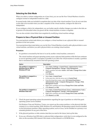Selecting the Disk Mode
When you select a custom configuration on a Linux host, you can use the New Virtual Machine wizard to
configure normal or independent mode for a disk.
In normal mode, disks are included in snapshots that you take of the virtual machine. If you do not want data
on the disk to be recorded when you take a snapshot of the virtual machine, configure the disk to be
independent.
If you configure a disk to be independent, you can further specify whether changes you make to the disk are
to persist or be discarded when you power off the virtual machine or restore a snapshot.
You can also exclude virtual disks from snapshots by modifying virtual machine settings.
Prepare to Use a Physical Disk or Unused Partition
You must perform certain tasks before you configure a virtual machine to use a physical disk or unused
partition on the host system.
You must perform these tasks before you run the New Virtual Machine wizard to add a physical disk to a new
virtual machine, and before you add a physical disk to an existing virtual machine.
Procedure
1 If a partition is mounted by the host or in use by another virtual machine, unmount it.
The virtual machine and guest operating system access a physical disk partition while the host continues
to run its operating system. Corruption is possible if you allow the virtual machine to modify a partition
that is simultaneously mounted on the host operating system.
Option Description
The partition is mapped to a
Windows Server 2003 or
Windows XP host
a Select Start > Settings > Control Panel > Administrative Tools >
Computer Management > Storage > Disk Management.
b Select a partition and select Action > All Tasks > Change Drive Letter
and Paths.
c Click Remove.
The partition is mapped to a
Windows 7 host
a Select Start > Control Panel.
b In the menu bar, click the arrow next to Control Panel.
c From the drop-down menu, select All Control Panel Items >
Administrative Tools > Computer Management > Storage > Disk
Management (Local).
d Right-click a partition and choose Change Drive Letter and Paths.
e Click Remove and OK.
The partition is mapped to a
Windows Vista host
a Select Start > Control Panel (Classic View) > Administrative Tools >
Computer Management > Storage > Disk Management.
b Right-click a partition and choose Change Drive Letter and Paths.
c Click Remove and OK.
2 Check the guest operating system documentation regarding the type of partition on which the guest
operating system can be installed.
On Windows Vista and Windows 7 hosts, you cannot use the system partition, or the physical disk that
contains it, in a virtual machine. DOS, Windows 95, and Windows 98 operating systems must be installed
on the first primary partition. Other operating systems, such as Linux, can be installed on a primary or an
extended partition on any part of the drive.
3 If the physical partition or disk contains data that you need in the future, back up the data.
4 If you use a Windows host IDE disk in a physical disk configuration, verify that it is not configured as the
slave on the secondary IDE channel if the master on that channel is a CD-ROM drive.
Using VMware Workstation
14 VMware, Inc.
 