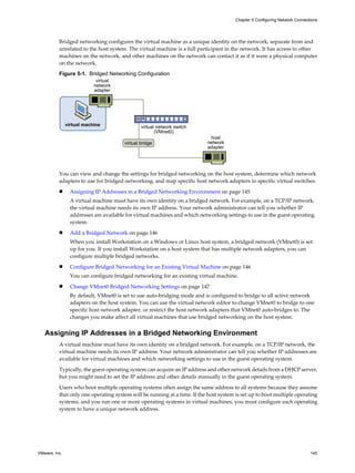 Bridged networking configures the virtual machine as a unique identity on the network, separate from and
unrelated to the host system. The virtual machine is a full participant in the network. It has access to other
machines on the network, and other machines on the network can contact it as if it were a physical computer
on the network.
Figure 5-1. Bridged Networking Configuration
host
network
adapter
virtual
network
adapter
virtual network switch
(VMnet0)
virtual machine
virtual bridge
You can view and change the settings for bridged networking on the host system, determine which network
adapters to use for bridged networking, and map specific host network adapters to specific virtual switches.
n Assigning IP Addresses in a Bridged Networking Environment on page 145
A virtual machine must have its own identity on a bridged network. For example, on a TCP/IP network,
the virtual machine needs its own IP address. Your network administrator can tell you whether IP
addresses are available for virtual machines and which networking settings to use in the guest operating
system.
n Add a Bridged Network on page 146
When you install Workstation on a Windows or Linux host system, a bridged network (VMnet0) is set
up for you. If you install Workstation on a host system that has multiple network adapters, you can
configure multiple bridged networks.
n Configure Bridged Networking for an Existing Virtual Machine on page 146
You can configure bridged networking for an existing virtual machine.
n Change VMnet0 Bridged Networking Settings on page 147
By default, VMnet0 is set to use auto-bridging mode and is configured to bridge to all active network
adapters on the host system. You can use the virtual network editor to change VMnet0 to bridge to one
specific host network adapter, or restrict the host network adapters that VMnet0 auto-bridges to. The
changes you make affect all virtual machines that use bridged networking on the host system.
Assigning IP Addresses in a Bridged Networking Environment
A virtual machine must have its own identity on a bridged network. For example, on a TCP/IP network, the
virtual machine needs its own IP address. Your network administrator can tell you whether IP addresses are
available for virtual machines and which networking settings to use in the guest operating system.
Typically, the guest operating system can acquire an IP address and other network details from a DHCP server,
but you might need to set the IP address and other details manually in the guest operating system.
Users who boot multiple operating systems often assign the same address to all systems because they assume
that only one operating system will be running at a time. If the host system is set up to boot multiple operating
systems, and you run one or more operating systems in virtual machines, you must configure each operating
system to have a unique network address.
Chapter 5 Configuring Network Connections
VMware, Inc. 145
 