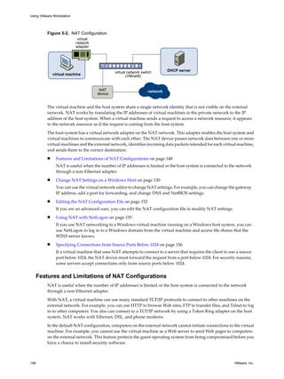 Figure 5-2. NAT Configuration
virtual
network
adapter
virtual network switch
(VMnet8)
virtual machine
DHCP server
network
NAT
device
The virtual machine and the host system share a single network identity that is not visible on the external
network. NAT works by translating the IP addresses of virtual machines in the private network to the IP
address of the host system. When a virtual machine sends a request to access a network resource, it appears
to the network resource as if the request is coming from the host system.
The host system has a virtual network adapter on the NAT network. This adapter enables the host system and
virtual machines to communicate with each other. The NAT device passes network data between one or more
virtual machines and the external network, identifies incoming data packets intended for each virtual machine,
and sends them to the correct destination.
n Features and Limitations of NAT Configurations on page 148
NAT is useful when the number of IP addresses is limited or the host system is connected to the network
through a non-Ethernet adapter.
n Change NAT Settings on a Windows Host on page 150
You can use the virtual network editor to change NAT settings. For example, you can change the gateway
IP address, add a port for forwarding, and change DNS and NetBIOS settings.
n Editing the NAT Configuration File on page 152
If you are an advanced user, you can edit the NAT configuration file to modify NAT settings.
n Using NAT with NetLogon on page 155
If you use NAT networking in a Windows virtual machine running on a Windows host system, you can
use NetLogon to log in to a Windows domain from the virtual machine and access file shares that the
WINS server knows.
n Specifying Connections from Source Ports Below 1024 on page 156
If a virtual machine that uses NAT attempts to connect to a server that requires the client to use a source
port below 1024, the NAT device must forward the request from a port below 1024. For security reasons,
some servers accept connections only from source ports below 1024.
Features and Limitations of NAT Configurations
NAT is useful when the number of IP addresses is limited or the host system is connected to the network
through a non-Ethernet adapter.
With NAT, a virtual machine can use many standard TCP/IP protocols to connect to other machines on the
external network. For example, you can use HTTP to browse Web sites, FTP to transfer files, and Telnet to log
in to other computers. You also can connect to a TCP/IP network by using a Token Ring adapter on the host
system. NAT works with Ethernet, DSL, and phone modems.
In the default NAT configuration, computers on the external network cannot initiate connections to the virtual
machine. For example, you cannot use the virtual machine as a Web server to send Web pages to computers
on the external network. This feature protects the guest operating system from being compromised before you
have a chance to install security software.
Using VMware Workstation
148 VMware, Inc.
 