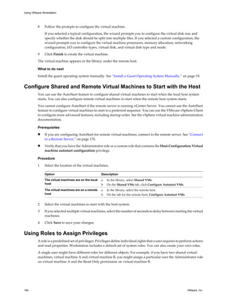 8 Follow the prompts to configure the virtual machine.
If you selected a typical configuration, the wizard prompts you to configure the virtual disk size and
specify whether the disk should be split into multiple files. If you selected a custom configuration, the
wizard prompts you to configure the virtual machine processors, memory allocation, networking
configuration, I/O controller types, virtual disk, and virtual disk type and mode.
9 Click Finish to create the virtual machine.
The virtual machine appears in the library under the remote host.
What to do next
Install the guest operating system manually. See “Install a Guest Operating System Manually,” on page 19.
Configure Shared and Remote Virtual Machines to Start with the Host
You can use the AutoStart feature to configure shared virtual machines to start when the local host system
starts. You can also configure remote virtual machines to start when the remote host system starts.
You cannot configure AutoStart if the remote server is running vCenter Server. You cannot use the AutoStart
feature to configure virtual machines to start in a preferred sequence. You can use the VMware vSphere Client
to configure more advanced features, including startup order. See the vSphere virtual machine administration
documentation.
Prerequisites
n If you are configuring AutoStart for remote virtual machines, connect to the remote server. See “Connect
to a Remote Server,” on page 176.
n Verify that you have the Administrator role or a custom role that contains the Host.Configuration.Virtual
machine autostart configuration privilege.
Procedure
1 Select the location of the virtual machines.
Option Description
The virtual machines are on the local
host
a In the library, select Shared VMs.
b On the Shared VMs tab, click Configure Autostart VMs.
The virtual machines are on a remote
host
a In the library, select the remote host.
b On the tab for the remote host, Configure Autostart VMs.
2 Select the virtual machines to start with the host system.
3 If you selected multiple virtual machines, select the number of seconds to delay between starting the virtual
machines.
4 Click Save to save your changes.
Using Roles to Assign Privileges
A role is a predefined set of privileges. Privileges define individual rights that a user requires to perform actions
and read properties. Workstation includes a default set of system roles. You can also create your own roles.
A single user might have different roles for different objects. For example, if you have two shared virtual
machines, virtual machine A and virtual machine B, you might assign a particular user the Administrator role
on virtual machine A and the Read Only permission on virtual machine B.
Using VMware Workstation
184 VMware, Inc.
 