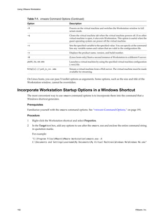 Table 7-1. vmware Command Options (Continued)
Option Description
-X Powers on the virtual machine and switches the Workstation window to full
screen mode.
-q Closes the virtual machine tab when the virtual machine powers off. If no other
virtual machine is open, it also exits Workstation. This option is useful when the
guest operating system can power off the virtual machine.
-s Sets the specified variable to the specified value. You can specify at the command
line any variable names and values that are valid in the configuration file.
-v Displays the product name, version, and build number.
-W (Linux hosts only) Starts a second instance of Workstation in a different X server.
path_to_vm.vmx Launches a virtual machine by using the specified virtual machine configuration
(.vmx) file.
http[s]:// path_to_vm .vmx Stream a virtual machine from a Web server. The virtual machine must be made
available for streaming.
On Linux hosts, you can pass X toolkit options as arguments. Some options, such as the size and title of the
Workstation window, cannot be overridden.
Incorporate Workstation Startup Options in a Windows Shortcut
The most convenient way to use vmware command options is to incorporate them into the command that a
Windows shortcut generates.
Prerequisites
Familiarize yourself with the vmware command options. See “vmware Command Options,” on page 191.
Procedure
1 Right-click the Workstation shortcut and select Properties.
2 In the Target text box, add any options to use after the vmware.exe and enclose the entire command string
in quotation marks.
For example:
"C:Program FilesVMwareVMware Workstationvmware.exe -X
C:Documents and SettingsusernameMy DocumentsMy Virtual MachinesWindows MeWindows Me.vmx"
Using VMware Workstation
192 VMware, Inc.
 