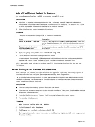 Make a Virtual Machine Available for Streaming
You can make a virtual machine available for streaming from a Web server.
Prerequisites
n (Optional) To improve streaming performance, use Virtual Disk Manager (vmware-diskmanager) to
compress the virtual disk (.vmdk) files for the virtual machine. See the Virtual Disk Manager User’s Guide
for more information. This guide is available on the VMware Web site.
n If the virtual machine has any snapshots, delete them.
Procedure
1 Configure the Web server to support HTTP keep-alive connections.
Option Description
Apache HTTP Server 1.2 and later Turn the KeepAlive option on, set MaxKeepAliveRequest to 2000 to 5000,
and set KeepAliveTimeout to 2000 to 5000 seconds, depending on server
load.
Microsoft Internet Information
Services (IIS) 6.0 or later
Set the connection timeout to a value above 300 seconds and load HTTP
Keep-Alives.
2 If you use a proxy server, set the proxy connection to Keep-alive.
3 Upload the virtual machines directory to the Web server.
Do not compress the directory. Depending on the size of the virtual machine, downloading a virtual
machine in a .zip or .tar file from a Web server can take a considerable amount of time.
After it is uploaded to the Web server, users can use a URL to stream the virtual machine and start it in
Workstation.
Enable Autologon in a Windows Virtual Machine
With Autologon, you can save your login credentials and bypass the login dialog box when you power on a
Windows virtual machine. The guest operating system securely stores the password.
Use the Autologon feature if you restart the guest operating system frequently and want to avoid entering
your login credentials. You can also use the Autologon feature to grant users access to the guest operating
system without sharing your password.
Prerequisites
n Verify that the guest operating system is Windows 2000 or later.
n Verify that you have an existing user account to enable Autologon. The account must be a local machine
account, not a domain account.
n Verify that the latest version of VMware Tools is running in the guest operating system.
n Power on the virtual machine.
Procedure
1 Select the virtual machine, select VM > Settings.
2 On the Options tab, select Autologon.
3 Click Enable, type your login credentials, and click OK.
If you type an incorrect or expired password, you must type your login credentials when you power on
the virtual machine.
Using VMware Workstation
44 VMware, Inc.
 