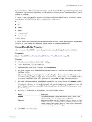 If you create files on a Windows host system that you want to share with a Linux guest operating system, read-
only files are displayed as having read and execute permission for everyone and other files are shown as fully
writable by everyone.
If you use a Linux guest operating system to create files for which you want to restrict permissions, use the
mount program with the following options in the guest operating system.
n uid
n gid
n fmask
n dmask
n ro (read only)
n rw (read-write)
rw is the default.
If you are using a virtual machine that was created with the Windows version of Workstation, or a previous
release of the Linux version of Workstation, you can change the owner permissions only.
Change Shared Folder Properties
After you create a shared folder, you can change the folder name, the host path, and other attributes.
Prerequisites
Create a shared folder. See “Enable a Shared Folder for a Virtual Machine,” on page 52.
Procedure
1 Select the virtual machine and select VM > Settings.
2 On the Options tab, select Shared Folders.
3 Select the shared folder in the folders list and click Properties.
4 To change the name of the shared folder as it appears inside the virtual machine, type the new name in
the Name text box.
Characters that the guest operating system considers illegal in a share name appear differently when
viewed inside the guest. For example, if you use an asterisk in a share name, you see %002A instead of *
in the share name on the guest. Illegal characters are converted to their ASCII hexadecimal value.
5 To change the host path for the shared folder, browse to or type the new path in the Host path text box.
If you specify a directory on a network share, such as D:share, Workstation always attempts to use that
path. If the directory is later connected to the host on a different drive letter, Workstation cannot locate
the shared folder.
6 To change an attribute for the shared folder, select or deselect the attribute.
Option Description
Enabled Enable the shared folder. Deselect this option to disable a shared folder
without deleting it from the virtual machine configuration.
Read-only Make the shared folder read-only. When this property is selected, the virtual
machine can view and copy files from the shared folder, but it cannot add,
change, or remove files. Access to files in the shared folder is also governed
by permission settings on the host computer.
7 Click OK to save your changes.
Chapter 2 Using Virtual Machines
VMware, Inc. 55
 