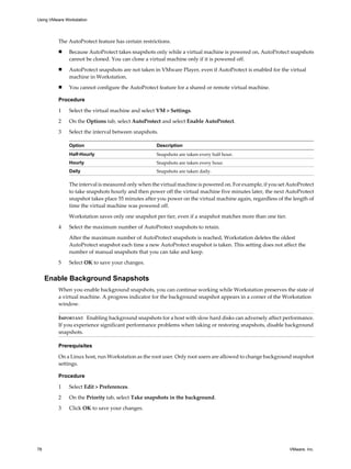 The AutoProtect feature has certain restrictions.
n Because AutoProtect takes snapshots only while a virtual machine is powered on, AutoProtect snapshots
cannot be cloned. You can clone a virtual machine only if it is powered off.
n AutoProtect snapshots are not taken in VMware Player, even if AutoProtect is enabled for the virtual
machine in Workstation.
n You cannot configure the AutoProtect feature for a shared or remote virtual machine.
Procedure
1 Select the virtual machine and select VM > Settings.
2 On the Options tab, select AutoProtect and select Enable AutoProtect.
3 Select the interval between snapshots.
Option Description
Half-Hourly Snapshots are taken every half hour.
Hourly Snapshots are taken every hour.
Daily Snapshots are taken daily.
The interval is measured only when the virtual machine is powered on. For example, if you set AutoProtect
to take snapshots hourly and then power off the virtual machine five minutes later, the next AutoProtect
snapshot takes place 55 minutes after you power on the virtual machine again, regardless of the length of
time the virtual machine was powered off.
Workstation saves only one snapshot per tier, even if a snapshot matches more than one tier.
4 Select the maximum number of AutoProtect snapshots to retain.
After the maximum number of AutoProtect snapshots is reached, Workstation deletes the oldest
AutoProtect snapshot each time a new AutoProtect snapshot is taken. This setting does not affect the
number of manual snapshots that you can take and keep.
5 Select OK to save your changes.
Enable Background Snapshots
When you enable background snapshots, you can continue working while Workstation preserves the state of
a virtual machine. A progress indicator for the background snapshot appears in a corner of the Workstation
window.
IMPORTANT Enabling background snapshots for a host with slow hard disks can adversely affect performance.
If you experience significant performance problems when taking or restoring snapshots, disable background
snapshots.
Prerequisites
On a Linux host, run Workstation as the root user. Only root users are allowed to change background snapshot
settings.
Procedure
1 Select Edit > Preferences.
2 On the Priority tab, select Take snapshots in the background.
3 Click OK to save your changes.
Using VMware Workstation
78 VMware, Inc.
 