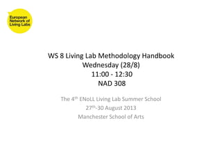 WS 8 Living Lab Methodology Handbook
Wednesday (28/8)
11:00 - 12:30
NAD 308
The 4th ENoLL Living Lab Summer School
27th-30...