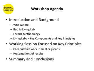 Workshop Agenda
• Introduction and Background
– Who we are
– Botnia Living Lab
– FormIT Methodology
– Living Labs – Key Co...