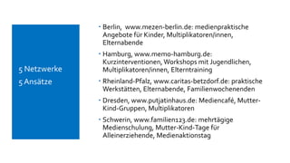  Berlin, www.mezen-berlin.de: medienpraktische
Angebote für Kinder, Multiplikatoren/innen,
Elternabende
 Hamburg, www.memo-hamburg.de:
Kurzinterventionen, Workshops mit Jugendlichen,
Multiplikatoren/innen, Elterntraining
 Rheinland-Pfalz, www.caritas-betzdorf.de: praktische
Werkstätten, Elternabende, Familienwochenenden
 Dresden, www.putjatinhaus.de: Mediencafé, Mutter-
Kind-Gruppen, Multiplikatoren
 Schwerin, www.familien123.de: mehrtägige
Medienschulung, Mutter-Kind-Tage für
Alleinerziehende, Medienaktionstag
 5 Netzwerke
 5 Ansätze
 