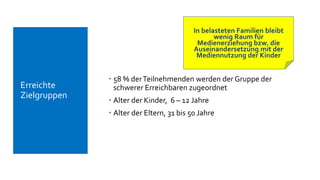  Erreichte
Zielgruppen
In belasteten Familien bleibt
wenig Raum für
Medienerziehung bzw. die
Auseinandersetzung mit der
Mediennutzung der Kinder
 58 % derTeilnehmenden werden der Gruppe der
schwerer Erreichbaren zugeordnet
 Alter der Kinder, 6 – 12 Jahre
 Alter der Eltern, 31 bis 50 Jahre
 