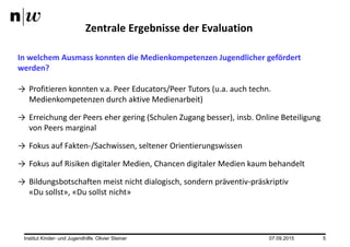 07.09.2015Institut Kinder- und Jugendhilfe. Olivier Steiner 5
Zentrale Ergebnisse der Evaluation
In welchem Ausmass konnten die Medienkompetenzen Jugendlicher gefördert
werden?
→ Profitieren konnten v.a. Peer Educators/Peer Tutors (u.a. auch techn.
Medienkompetenzen durch aktive Medienarbeit)
→ Erreichung der Peers eher gering (Schulen Zugang besser), insb. Online Beteiligung
von Peers marginal
→ Fokus auf Fakten-/Sachwissen, seltener Orientierungswissen
→ Fokus auf Risiken digitaler Medien, Chancen digitaler Medien kaum behandelt
→ Bildungsbotschaften meist nicht dialogisch, sondern präventiv-präskriptiv
«Du sollst», «Du sollst nicht»
 