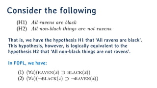 Observing non-black and non-raven
objects confirms hypothesis H2 (that
‘All non-black things are not ravens’).
Observing b...