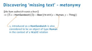 Discovering ‘missing text’ - metonymy
The unification of two types
that are not on the same path
is some salient relations...