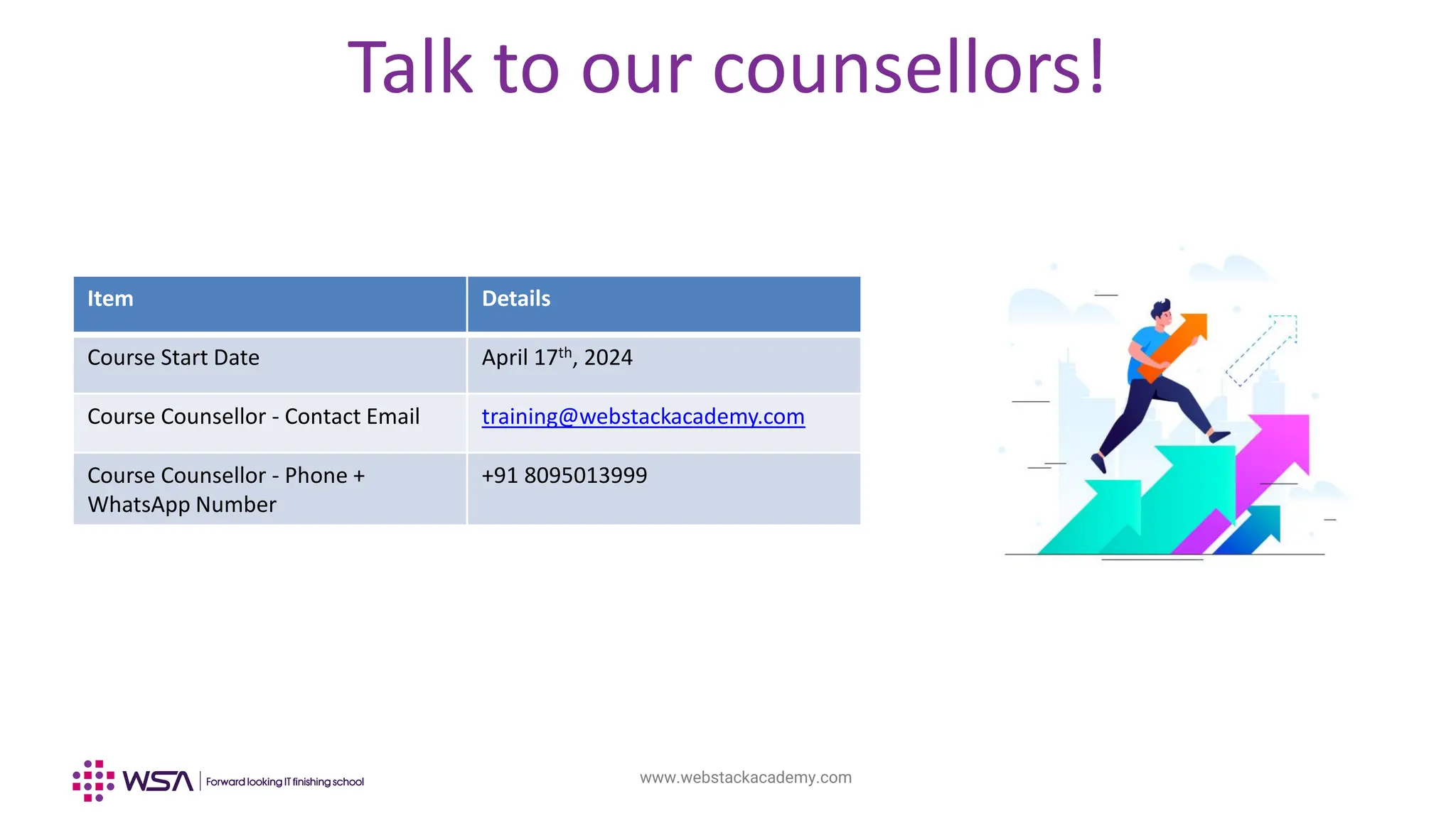 www.webstackacademy.com
Talk to our counsellors!
Item Details
Course Start Date April 17th, 2024
Course Counsellor - Contact Email training@webstackacademy.com
Course Counsellor - Phone +
WhatsApp Number
+91 8095013999
 