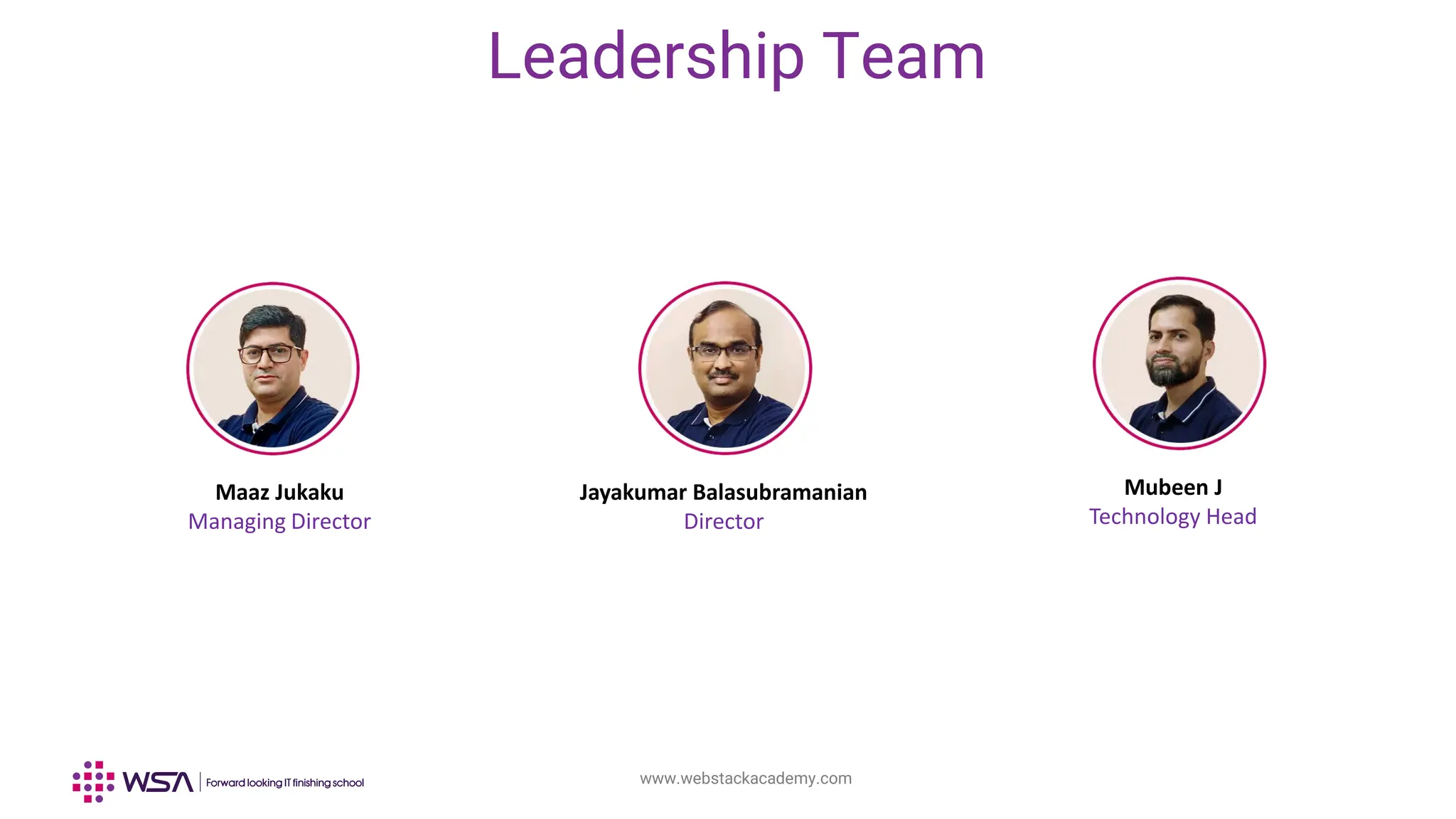 www.webstackacademy.com
Jayakumar Balasubramanian
Director
Leadership Team
Maaz Jukaku
Managing Director
Mubeen J
Technology Head
 
