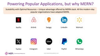 www.webstackacademy.com
Netflix Airbnb Swiggy LinkedIn Walmart
Powering Popular Applications, but why MERN?
Twitter Instagram Uber PayPal WhatsApp
Scalability with Optimal Resources – Unique advantage offered by MERN stack. All the modern-day
popular organizations have adapted MERN.
 