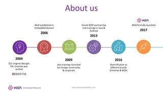 www.webstackacademy.com
2004
Our original idea got
life. Emertxe was
started
Well established in
Embedded domain
2006
2009
Java trainings launched
for foreign universities
& corporate
Oracle WDP partnership
and trainings in Java &
Android
2013
2016
Diversification as
different brands
(Emertxe & WSA)
WSA formally launched
2017
About us
 