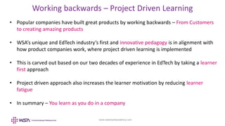 www.webstackacademy.com
Working backwards – Project Driven Learning
• Popular companies have built great products by working backwards – From Customers
to creating amazing products
• WSA’s unique and EdTech industry’s first and innovative pedagogy is in alignment with
how product companies work, where project driven learning is implemented
• This is carved out based on our two decades of experience in EdTech by taking a learner
first approach
• Project driven approach also increases the learner motivation by reducing learner
fatigue
• In summary – You learn as you do in a company
 