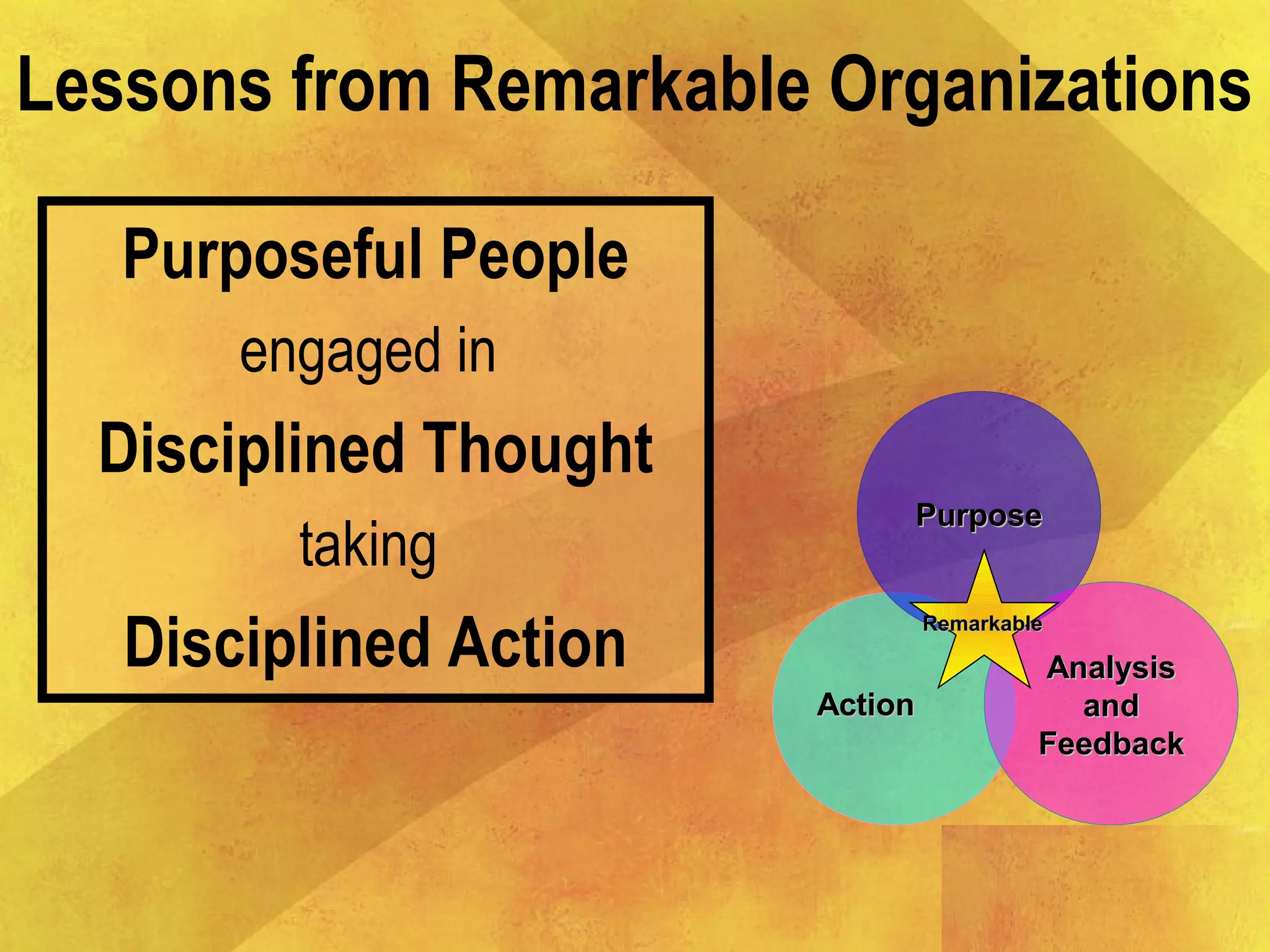 Purposeful People
engaged in
Disciplined Thought
taking
Disciplined Action
PurposePurpose
AnalysisAnalysis
andand
FeedbackFeedback
ActionAction
RemarkableRemarkable
Lessons from Remarkable Organizations
 