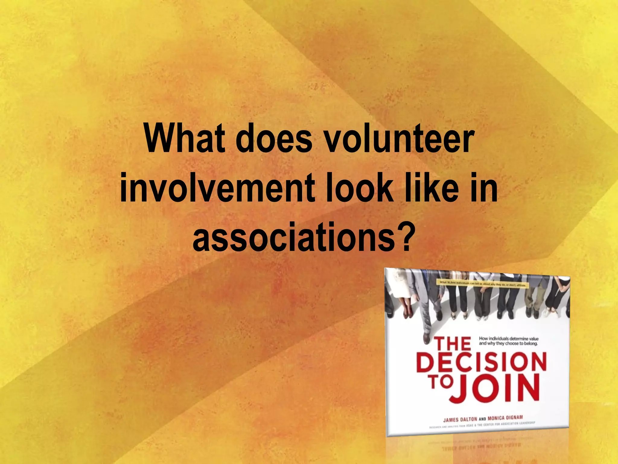 What does volunteer
involvement look like in
associations?
 
