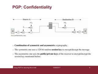Using PGP for securing the e-mail 6
PGP: Confidentiality
Combination of symmetric and asymmetric cryptography.
The symmetric one uses a 128 bit random session key to encrypt/decrypt the message
The asymmetric one uses the public/private keys of the receiver to encrypt/decrypt the
session key mentioned before.
10/06/2017
 