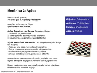 nzagalo@ics.uminho.pt | virtual-illusion.blogspot.com
Respondem à questão,
“O que é que o Jogador pode fazer?”
As ações podem ser de 2 tipos:
operativas ou resultantes.
Ações Operativas nas Damas: As acções básicas
1. Mover as peças em frente
2. Saltar por cima de uma peça do oponente
3. Mover uma peça para trás (quando Rainha)
Ações Resultantes nas Damas: Uso de operativas para atingir
fins maiores
1.Proteger uma peça, movendo outra para trás
2.Forçar o oponente a fazer um salto não pretendido
3.Sacrificar uma peça para tramar o oponente
4.Chegar ao lado oponente, para passar a Rainha
As resultantes, normalmente não estão estabelecidas como
regras, emergem do jogo naturalmente com a jogabilidade.
Destes modo assumem uma relevância vital para a criação de
envolvimento e interesse no jogo.
Mecânica 3: Ações
Objectos: Substantivos
Atributos: 1º Adjectivos
Estados: 2º Adjectivos
Acções: Verbos
 