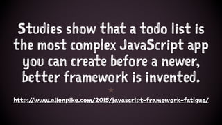 Studies show that a todo list is
the most complex JavaScript app
you can create before a newer,
better framework is invented.
1
http://www.allenpike.com/2015/javascript-framework-fatigue/
 
