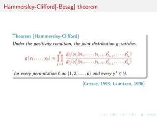 Hammersley-Cliﬀord[-Besag] theorem
Theorem (Hammersley-Cliﬀord)
Under the positivity condition, the joint distribution g satisﬁes
g(y1, . . . , yp) ∝
p
j=1
g j
(y j
|y 1 , . . . , y j−1
, y j+1
, . . . , y p
)
g j
(y j
|y 1 , . . . , y j−1
, y j+1
, . . . , y p
)
for every permutation on {1, 2, . . . , p} and every y ∈ Y.
[Cressie, 1993; Lauritzen, 1996]
 