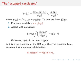 The ”accepted candidates”
˜q(·|zi ) =
α(zi , ·) q(·|zi )
p(zi )
q(·|zi )
p(zi )
,
where p(zi ) = α(zi , y) q(y|zi )dy. To simulate from ˜q(·|zi ):
1. Propose a candidate y ∼ q(·|zi )
2. Accept with probability
˜q(y|zi )
q(y|zi )
p(zi )
= α(zi , y)
Otherwise, reject it and starts again.
this is the transition of the HM algorithm.The transition kernel
˜q enjoys ˜π as a stationary distribution:
˜π(x)˜q(y|x) = ˜π(y)˜q(x|y) ,
 