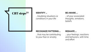 CBT steps24 IDENTIFY ...
… troubling situations or
conditions in your life
BE AWARE ...
… of your associated
thoughts, emotions,
beliefs
RECOGNIZE PATTERNS ...
… that may be contributing
to your fear or anxiety
RESHAPE ...
… your feelings, reactions
and behaviors, with time
and eﬀort
 