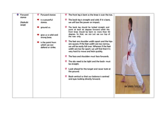 Forward
stance
(Apkubi
seogi)

Forward stance:

The front leg is bent so the knee is over the toe.

is a powerful
stance.

The back leg is straight and solid. If it is bent,
we will lose the power on impact.

ground us.

The back leg should be locked straight and
point at least 45 degrees forward whilst the
front knee should be bent no more than 90
degrees. So that, we can just see our top of
the toes only.

give us a solid and
strong base.
is the point from
which we can
defend or strike.

The feet are shoulder width apart and the hips
are square. If the feet width are too narrow,
we will be easily fall over. Whereas if the feet
width are too far apart, we will find that it is
very hard to move and kick quickly.
The face and shoulders must face forwards.
The abs need to be tight and the back must
be straight.
Look ahead for the target and never look at
the ground.
Back vertical so that our balance is centred
and eyes looking directly forward.

 
