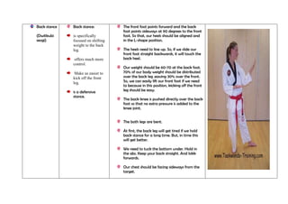 Back stance

Back stance:

(Dwitkubi
seogi)

is specifically
focused on shifting
weight to the back
leg.
offers much more
control.
Make us easier to
kick off the front
leg.
is a defensive
stance.

The front foot points forward and the back
foot points sideways at 90 degrees to the front
foot. So that, our heels should be aligned and
in the L-shape position.
The heels need to line up. So, if we slide our
front foot straight backwards, it will touch the
back heel.
Our weight should be 60-70 at the back foot.
70% of our body weight should be distributed
over the back leg ;eaving 30% over the front.
So, we can easily lift our front foot if we need
to because in this position, kicking off the front
leg should be easy.
The back knee is pushed directly over the back
foot so that no extra pressure is added to the
knee joint.
The both legs are bent.
At first, the back leg will get tired if we hold
back stance for a long time. But, in time this
will get better.
We need to tuck the bottom under. Hold in
the abs. Keep your back straight. And lokk
forwards.
Our chest should be facing sideways from the
target.

 