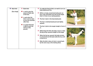 Back kick

Back kick:

(Dwi chagi)

is used to give the
power of back side
of the foot.
is used when the
time is not too short
to turn first and kick
after that.
Is a great kick that
is able to push the
enemy to the
ground.

To make this kind of kick, we need to turn our
body bakckward first.
While our body concentrate backward, our
focus, eyes and head must stay at the target
that is in front of our starting position.
The foot is bent in the knee backwards.
The foot is stretched backward and slightly
upward.
The foot is kick to the target straight in front of
us.
While doing the kick, the body is lower so that
the leg will go upward straight to the target.
When the foot go upward, the body remains
to cencentrate at the back while the focus still
in front of us.
After the kick is done, he foot is moved back
by the same way as the starting phase.

 