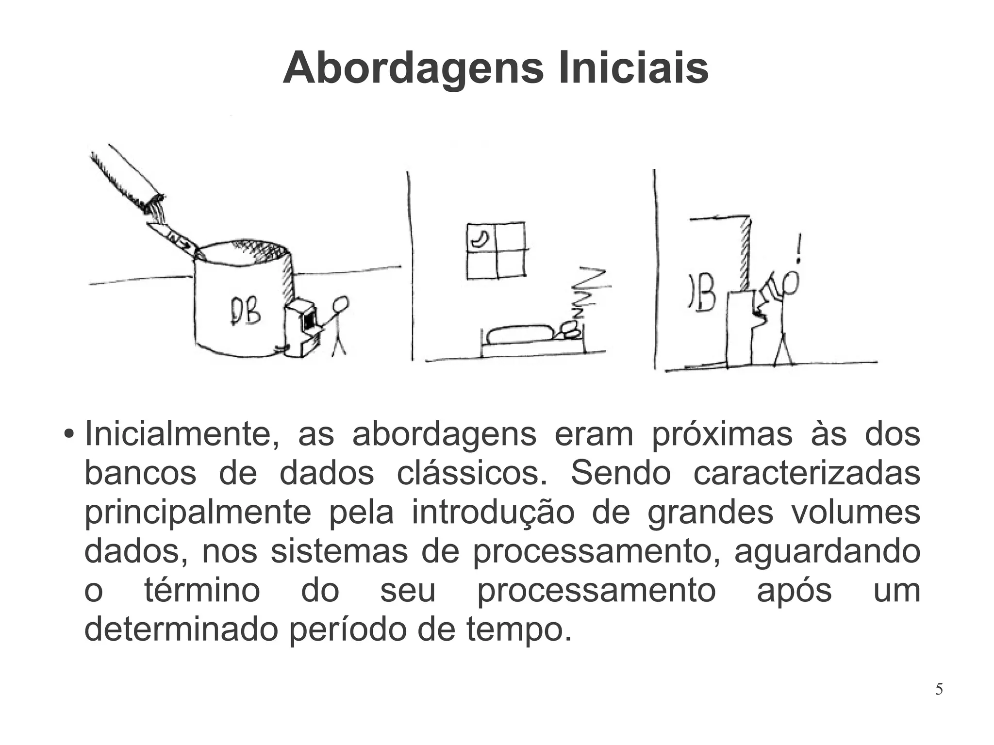 Abordagens Iniciais

●

Inicialmente, as abordagens eram próximas às dos
bancos de dados clássicos. Sendo caracterizadas
principalmente pela introdução de grandes volumes
dados, nos sistemas de processamento, aguardando
o término do seu processamento após um
determinado período de tempo.
5

 