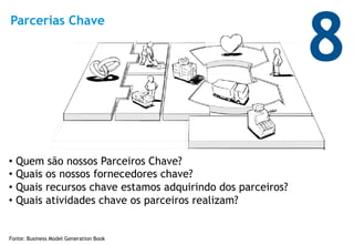 8
Parcerias Chave




•  Quem são nossos Parceiros Chave?
•  Quais os nossos fornecedores chave?
•  Quais recursos chave estamos adquirindo dos parceiros?
•  Quais atividades chave os parceiros realizam?


Fonte: Business Model Generation Book
 
