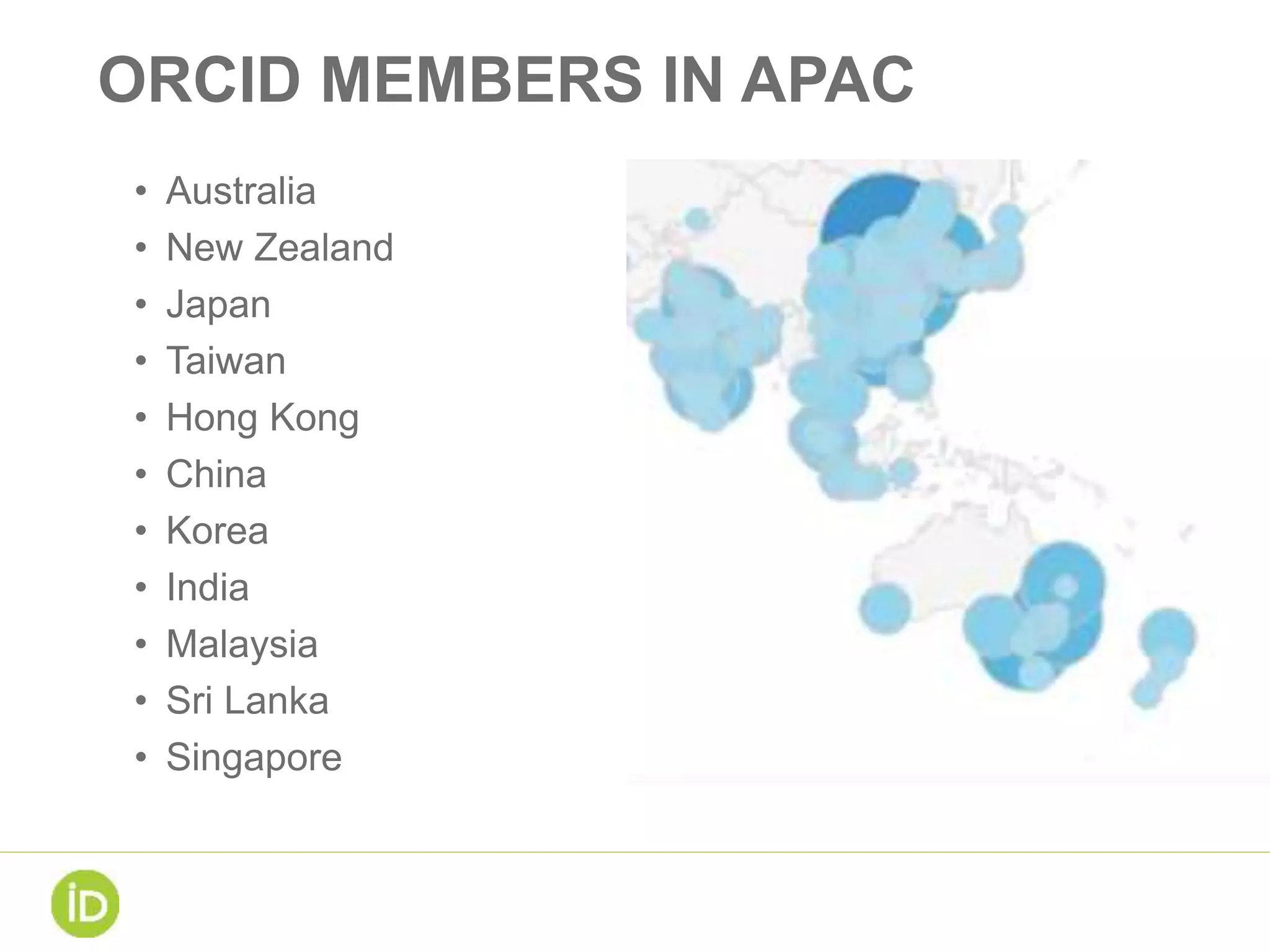 ORCID MEMBERS IN APAC
• Australia
• New Zealand
• Japan
• Taiwan
• Hong Kong
• China
• Korea
• India
• Malaysia
• Sri Lanka
• Singapore
 