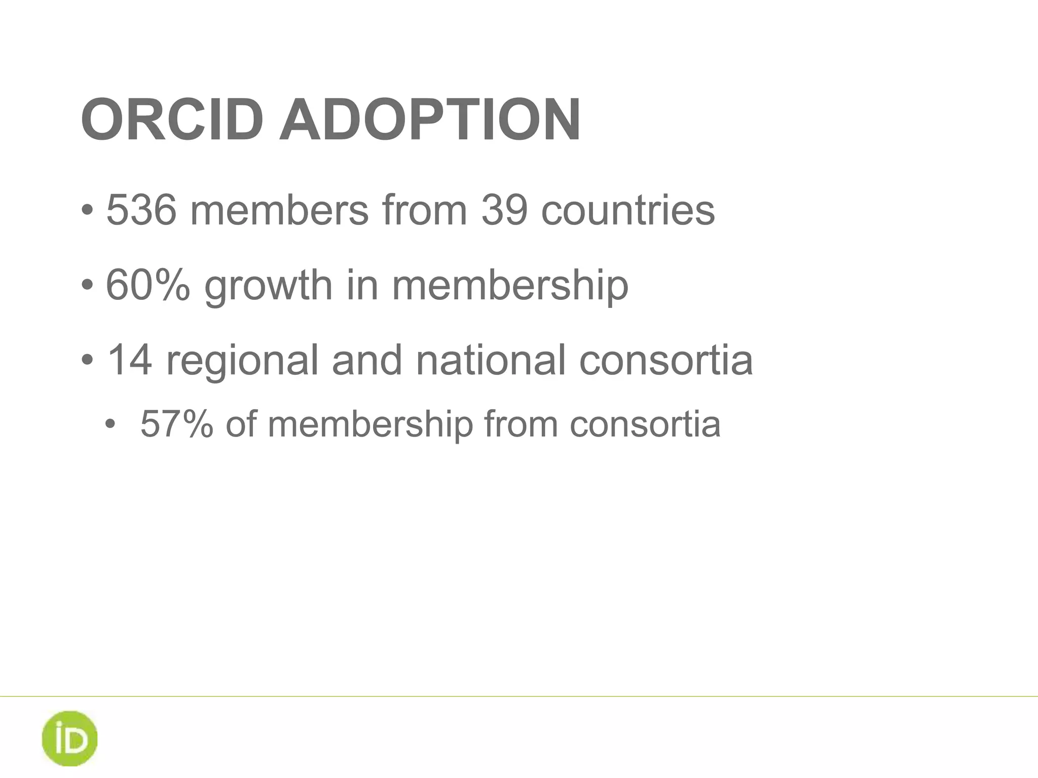ORCID ADOPTION
• 536 members from 39 countries
• 60% growth in membership
• 14 regional and national consortia
• 57% of membership from consortia
 