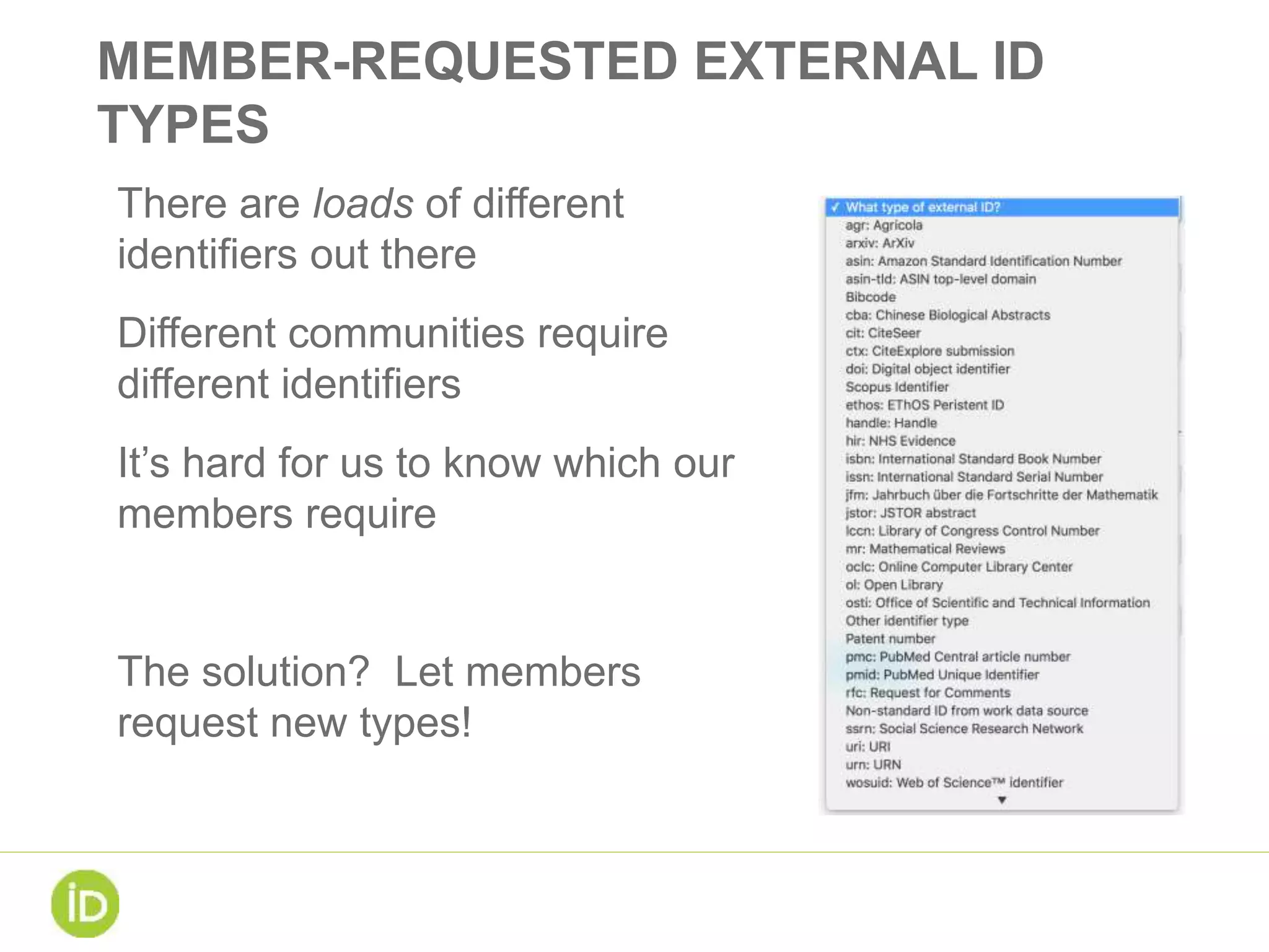 MEMBER-REQUESTED EXTERNAL ID
TYPES
There are loads of different
identifiers out there
Different communities require
different identifiers
It’s hard for us to know which our
members require
The solution? Let members
request new types!
 