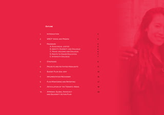 WSCF Strategic Plan 2016-2019
2
Outline
1.	Introduction 					
2.	 WSCF Vision and Mission				
3.	 Programs		 			
A. Ecological justice
B. Identity Diversity and Dialogue
C. Peace-building and Dialogue
D. Rights to Higher Education
E. Interfaith Dialogue
4.	Strategies				
5.	 Projects and Activities Highlights 			
6.	Budget Plan 2016-2019					
7.	Implementation Mechanism				
8.	 Plan Monitoring and Reporting			
9.	 Articulation of the Thematic Areas				
10..	 Appendix: Global Advocacy
and Solidarity Action Plan		
 
3
4
5
5
6
6
7
7
8
11
12
16
17
18
22
 