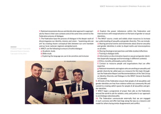 30
WSCF Advocacy and Solidarity Strategic Plan 2016-2019
4. National movements discuss and decide what approach is appropri-
ate for them in their own contexts and at the same time commit to the
Federation process of dialogue.
5. The Federation base this process of dialogue in the deeper work of
discerninganew our identity, mission and vision-- “examining who we
are” by creating clearer conceptual links between our core mandate
and our local, national, regional, and global work.
6. WSCF use the following to ensure a fruitful dialogue:
a) Academic study
b) Bible study
c) Exploring the language we use to be sensitive and inclusive
d) Explore the power imbalances within the Federation and
intersections with marginalisation on the basis of gender or sexual
identities.
7. The WSCF source, create and widely share resources to increase
our understanding of sexuality and gender diversity. This can include:
a) Sharing personal stories and testimonies about diverse sexuality
and gender identities in order to dispel myths and misconceptions
on all sides.
b) Sharing theological perspectives and bible studies/reflections
c) Training in dialogue skills
d) Information on discrimination based on sexual and gender identi-
ties (especially language and terminology in different contexts)
e) Ethics, morality, philosophy, justice theory
f) Contact to resource people and organisations that can offer
expertise
g) Nationalmovementsandregionswhoareworkingonsexualityand
gender diversity be called upon as a resource for this topic through-
out the Federation.Report and Recommendations of the Task Group
on Identity, Diversity and Dialogue to the WSCF General Assembly
in Colombia
8. All levels of the Federation ensure that people of all sexualities and
gender identities are free from violence within our community life and
commit to creating safe(r) spaces for people of all sexualities and gen-
der identities.
9. WSCF begin a programme of prayer that calls on the Federation
around the world to ask for wisdom, unity, and justice in our approach
to and dialogue aboutsexuality.
10. The Federation communicate externally that we are engaged
in such a process and offer learnings along the way as a resource and
model for others facing similar disagreement and conflict.
Ecojustice Project Greenopolis
Romanian National Volunteer
Gala award 15 Dec 2015
 