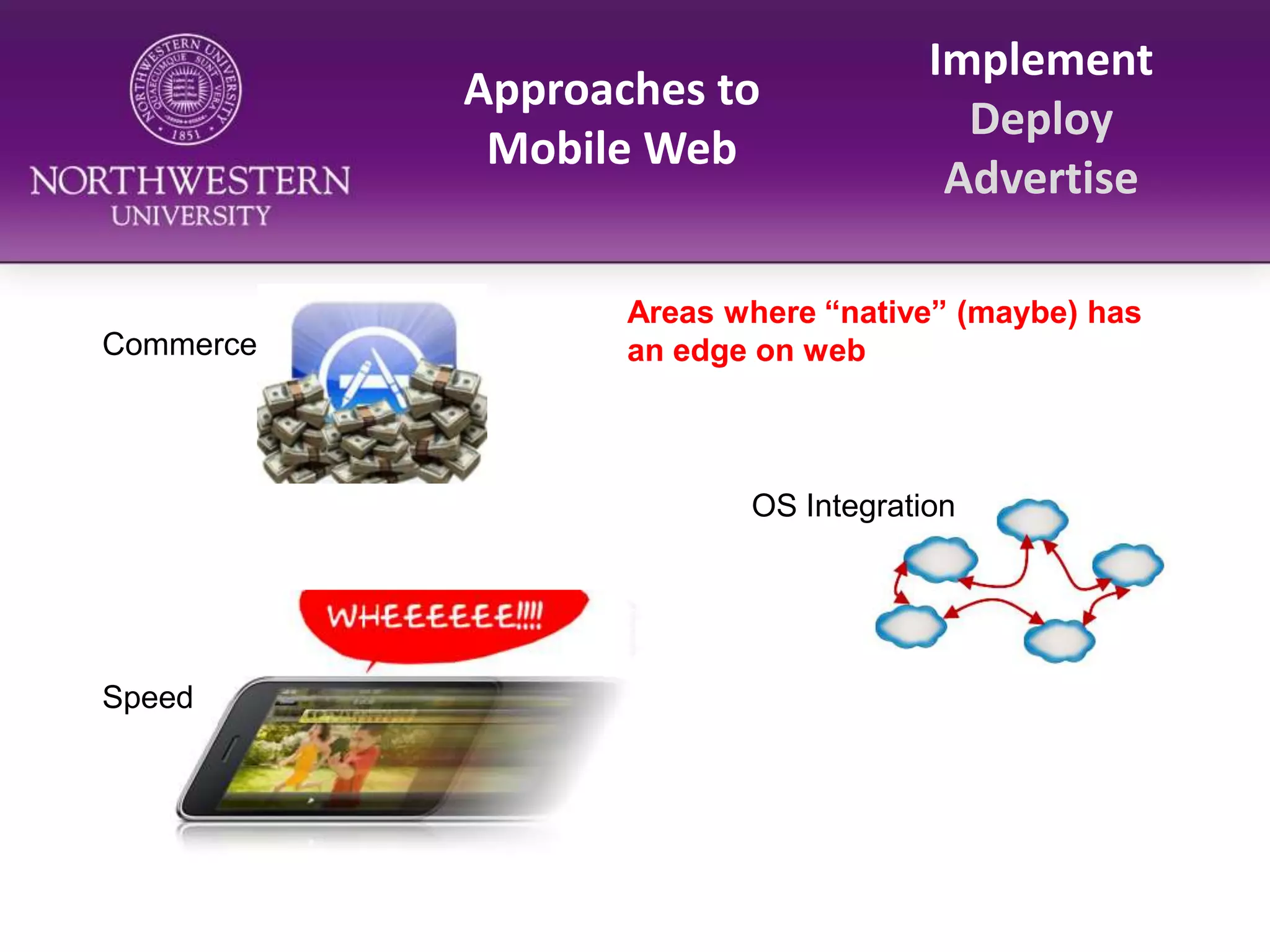 Approaches to Mobile WebImplementDeployAdvertiseAreas where “native” (maybe) has an edge on webCommerceOS IntegrationSpeed