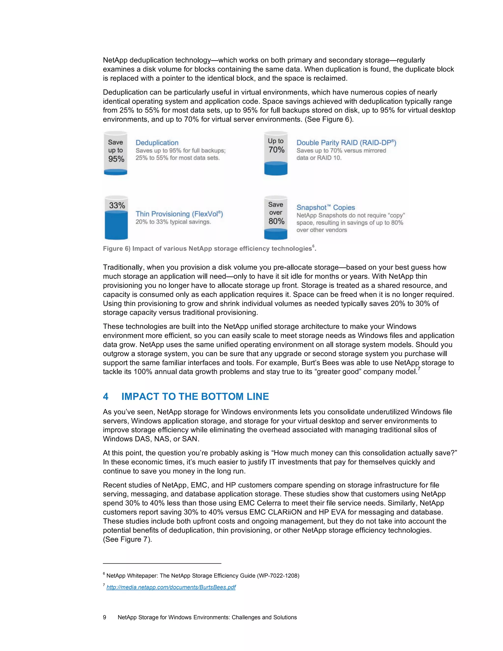 NetApp deduplication technology—which works on both primary and secondary storage—regularly
examines a disk volume for blocks containing the same data. When duplication is found, the duplicate block
is replaced with a pointer to the identical block, and the space is reclaimed.
Deduplication can be particularly useful in virtual environments, which have numerous copies of nearly
identical operating system and application code. Space savings achieved with deduplication typically range
from 25% to 55% for most data sets, up to 95% for full backups stored on disk, up to 95% for virtual desktop
environments, and up to 70% for virtual server environments. (See Figure 6).

6

Figure 6) Impact of various NetApp storage efficiency technologies .

Traditionally, when you provision a disk volume you pre-allocate storage—based on your best guess how
much storage an application will need—only to have it sit idle for months or years. With NetApp thin
provisioning you no longer have to allocate storage up front. Storage is treated as a shared resource, and
capacity is consumed only as each application requires it. Space can be freed when it is no longer required.
Using thin provisioning to grow and shrink individual volumes as needed typically saves 20% to 30% of
storage capacity versus traditional provisioning.
These technologies are built into the NetApp unified storage architecture to make your Windows
environment more efficient, so you can easily scale to meet storage needs as Windows files and application
data grow. NetApp uses the same unified operating environment on all storage system models. Should you
outgrow a storage system, you can be sure that any upgrade or second storage system you purchase will
support the same familiar interfaces and tools. For example, Burt’s Bees was able to use NetApp storage to
7
tackle its 100% annual data growth problems and stay true to its “greater good” company model.

4

IMPACT TO THE BOTTOM LINE

As you’ve seen, NetApp storage for Windows environments lets you consolidate underutilized Windows file
servers, Windows application storage, and storage for your virtual desktop and server environments to
improve storage efficiency while eliminating the overhead associated with managing traditional silos of
Windows DAS, NAS, or SAN.
At this point, the question you’re probably asking is “How much money can this consolidation actually save?”
In these economic times, it’s much easier to justify IT investments that pay for themselves quickly and
continue to save you money in the long run.
Recent studies of NetApp, EMC, and HP customers compare spending on storage infrastructure for file
serving, messaging, and database application storage. These studies show that customers using NetApp
spend 30% to 40% less than those using EMC Celerra to meet their file service needs. Similarly, NetApp
customers report saving 30% to 40% versus EMC CLARiiON and HP EVA for messaging and database.
These studies include both upfront costs and ongoing management, but they do not take into account the
potential benefits of deduplication, thin provisioning, or other NetApp storage efficiency technologies.
(See Figure 7).

6

NetApp Whitepaper: The NetApp Storage Efficiency Guide (WP-7022-1208)

7

http://media.netapp.com/documents/BurtsBees.pdf

9

NetApp Storage for Windows Environments: Challenges and Solutions

 
